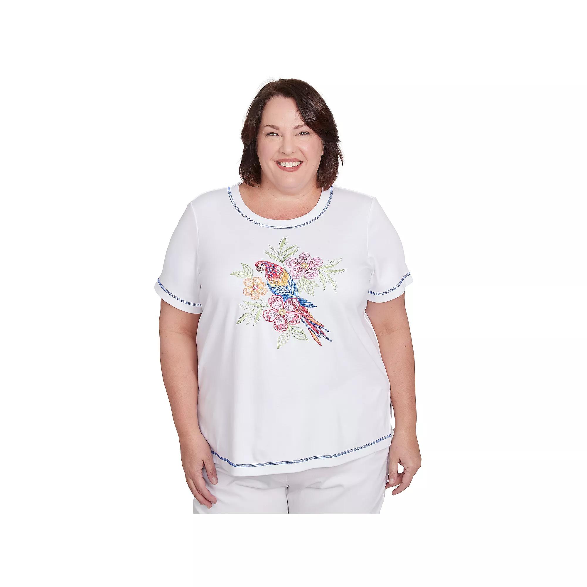 Plus Size Alfred Dunner Parrot Applique Short Sleeve Tee, Women's, Size: 2XL, White Product Image