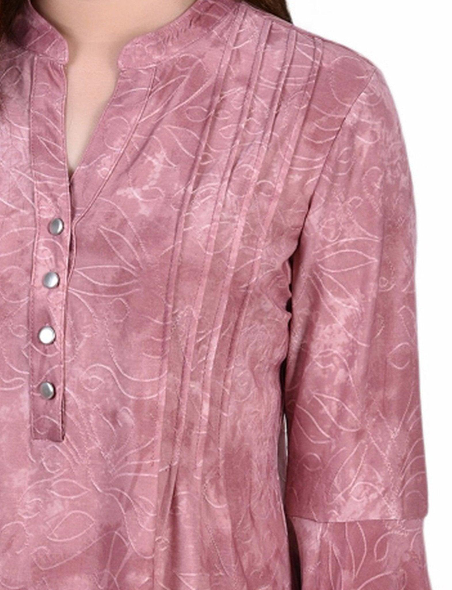 Mauve Tie Dye 3/4 Bell Sleeve Pleat Front Y Neck Top Product Image