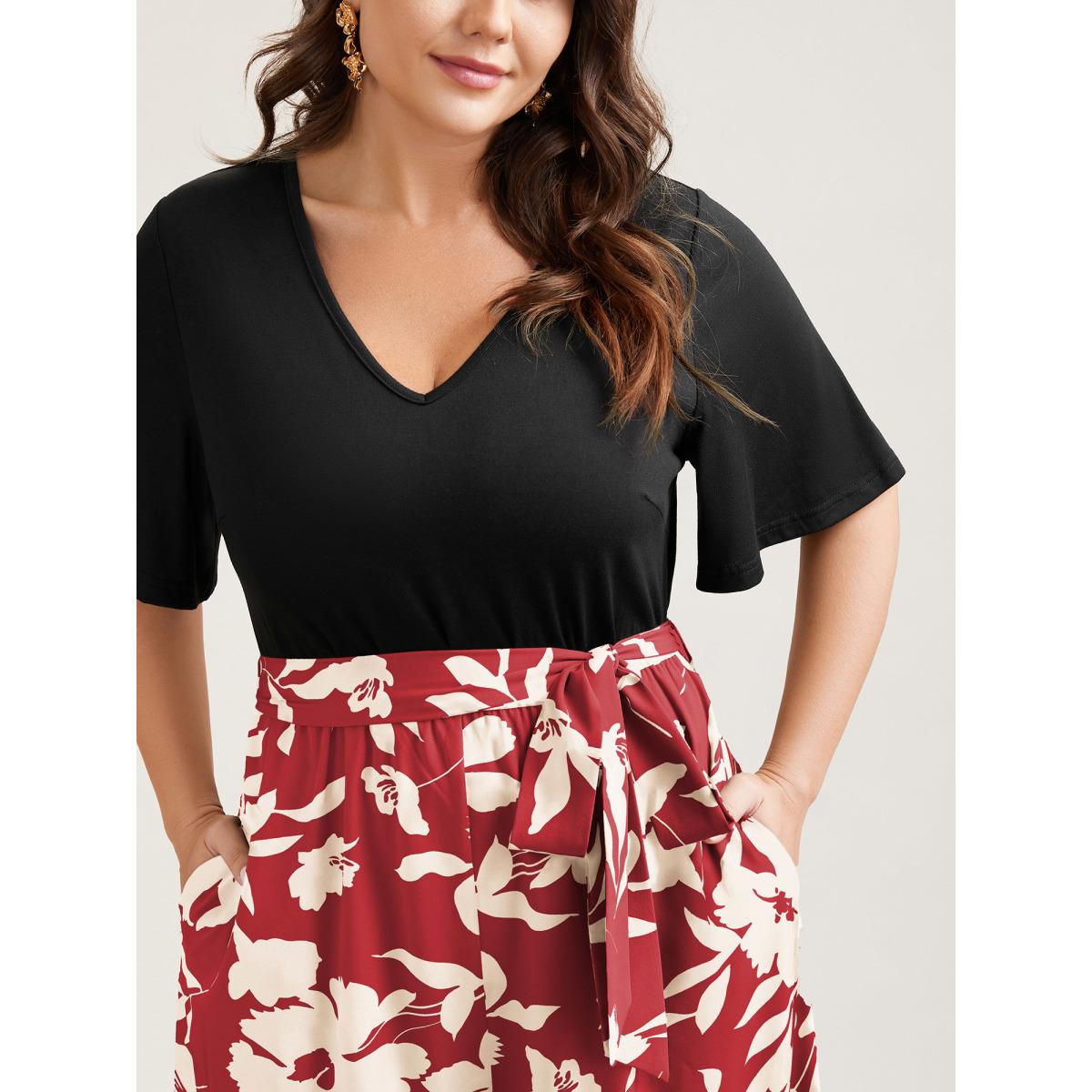 Plus Size Burgundy Floral Print Spliced Belted Wide-Leg Jumpsuit Women Elegant Short sleeve V-neck Everyday-Elegant Loose Jumpsuits BloomChic 12/L Product Image