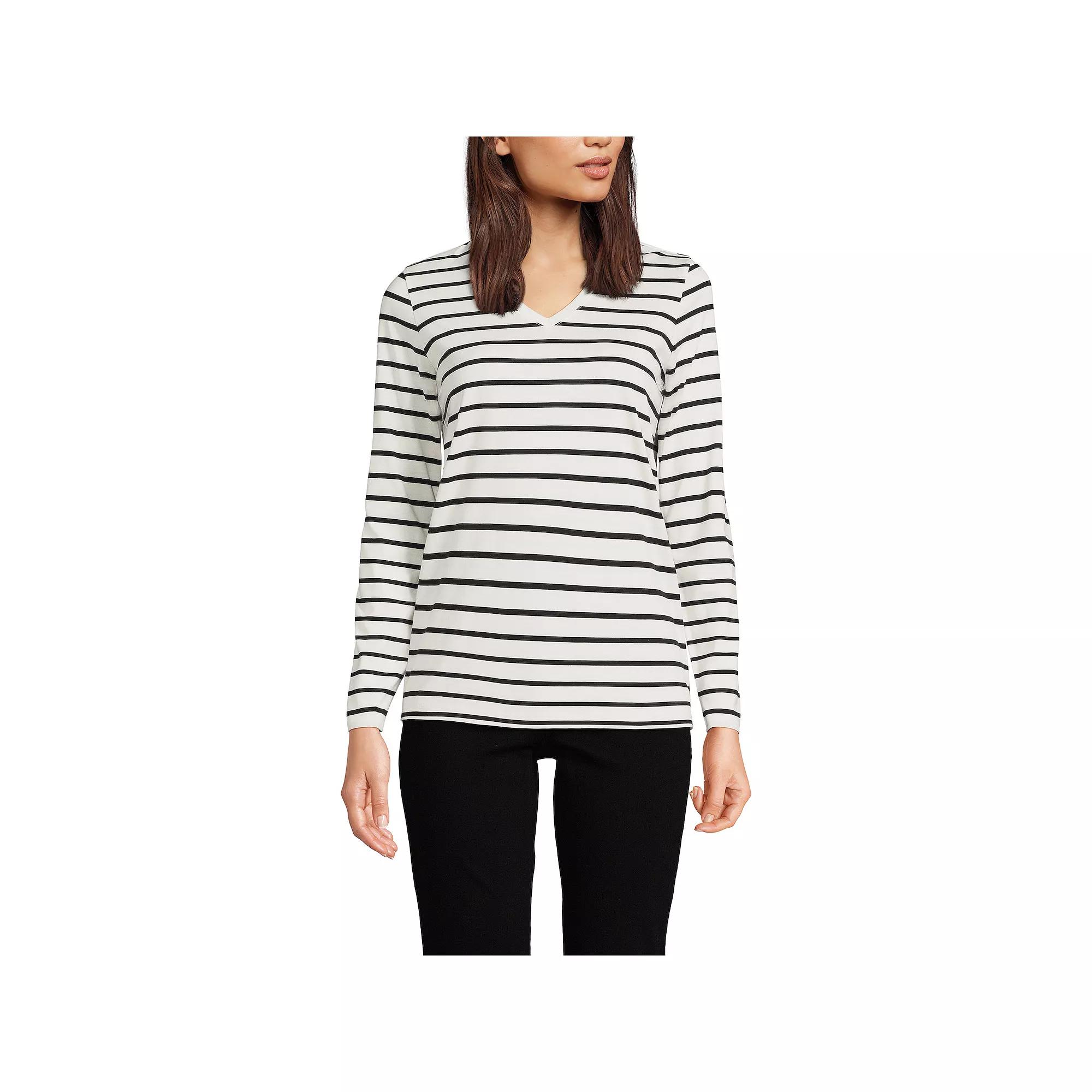 Petite Lands' End Supima Cotton Relaxed V-Neck Tee, Women's, Size: Small Petite, Ivory Black Stripe Product Image