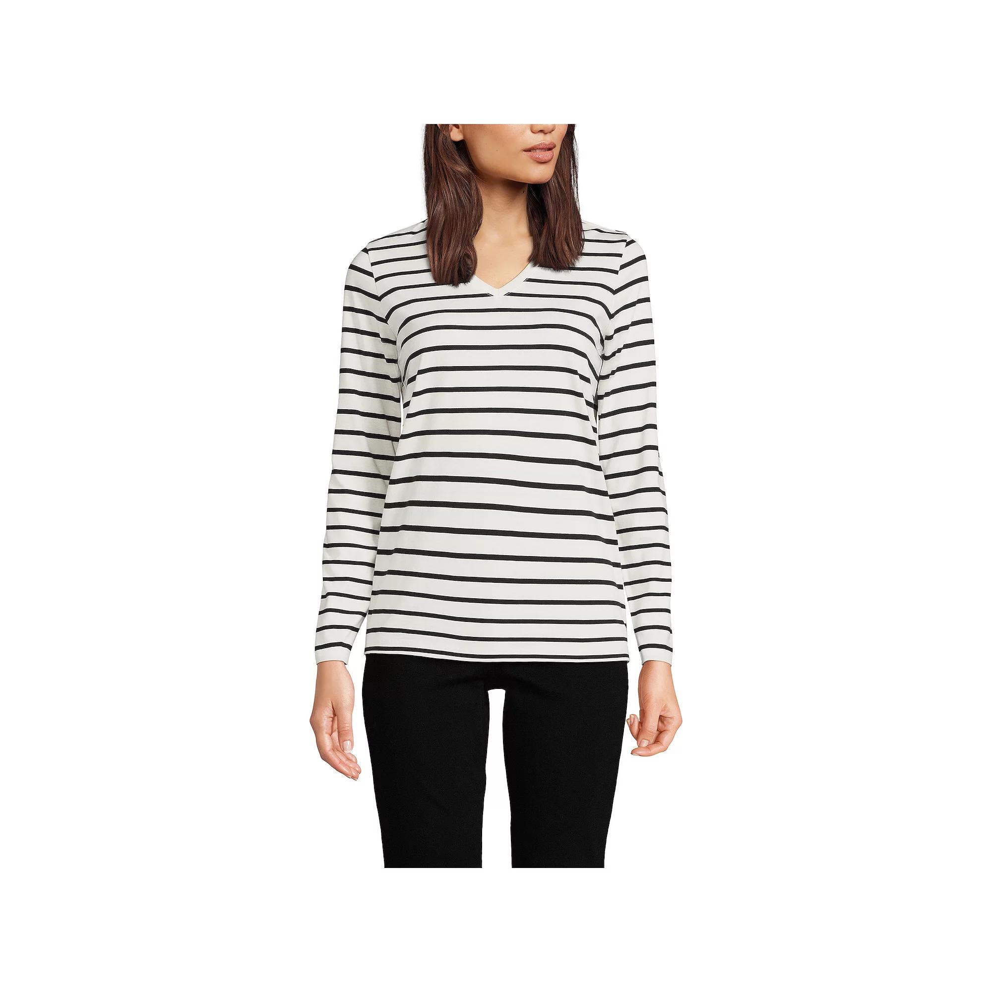 Petite Lands' End Supima Cotton Relaxed V-Neck Tee, Women's, Size: Small Petite, Ivory Black Stripe Product Image