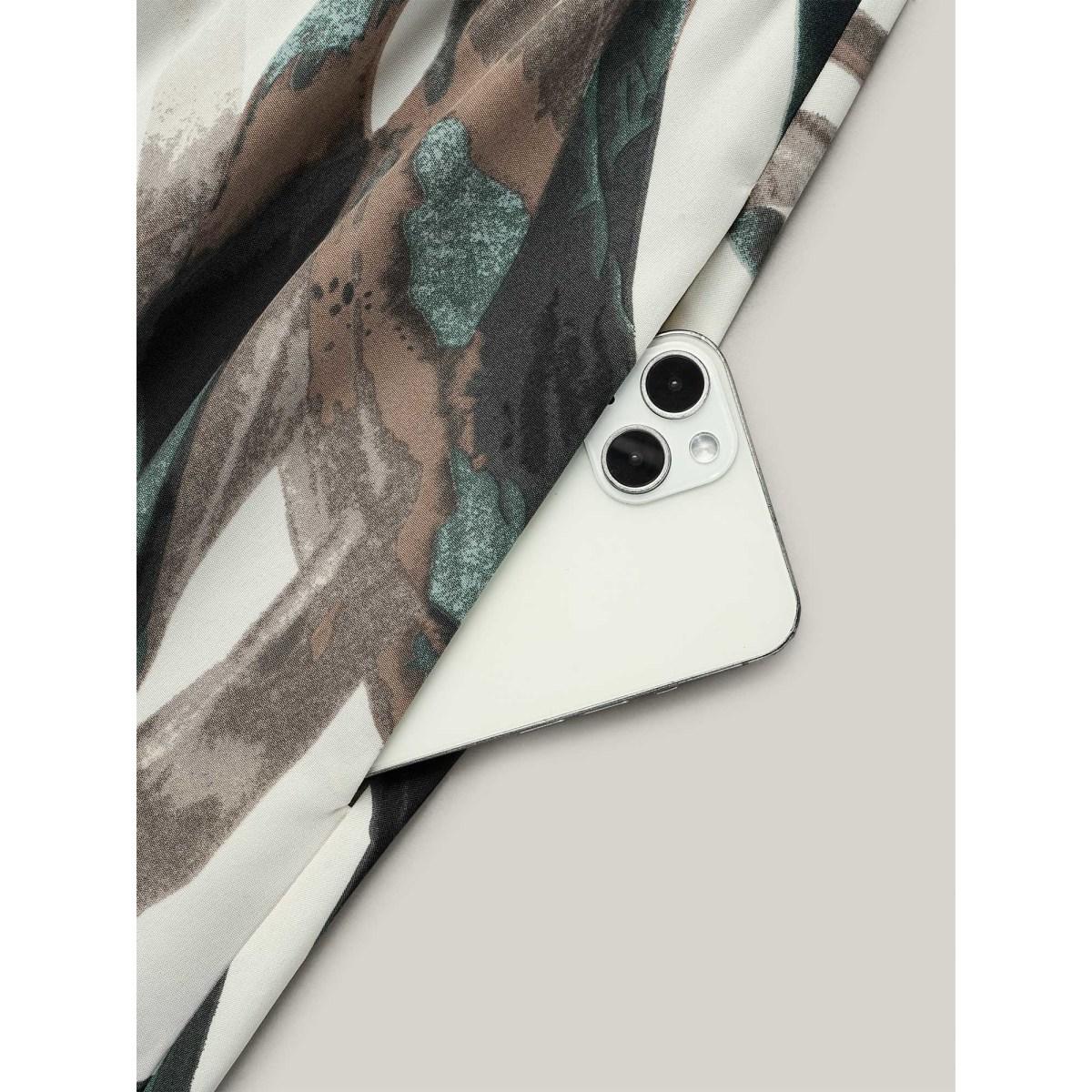 Plus Size Abstract Print Lotus Leaf Cuff Pockets Dress DarkBrown Women Elegant Ruffles Overlap Collar Elbow-length sleeve Curvy BloomChic 22-24/3X Product Image