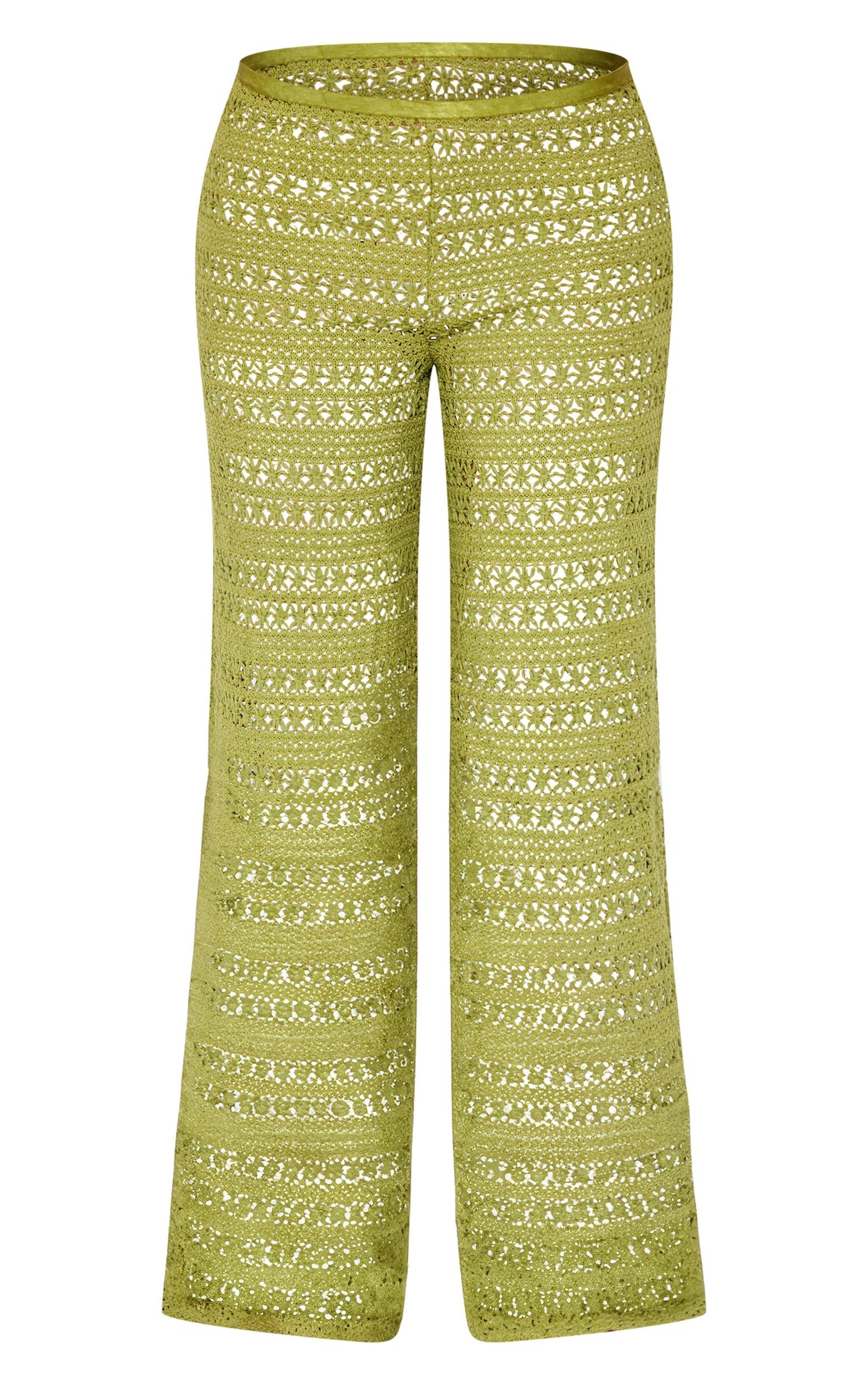 Khaki Crochet Wide Leg Dipped Hem Beach Pants Product Image