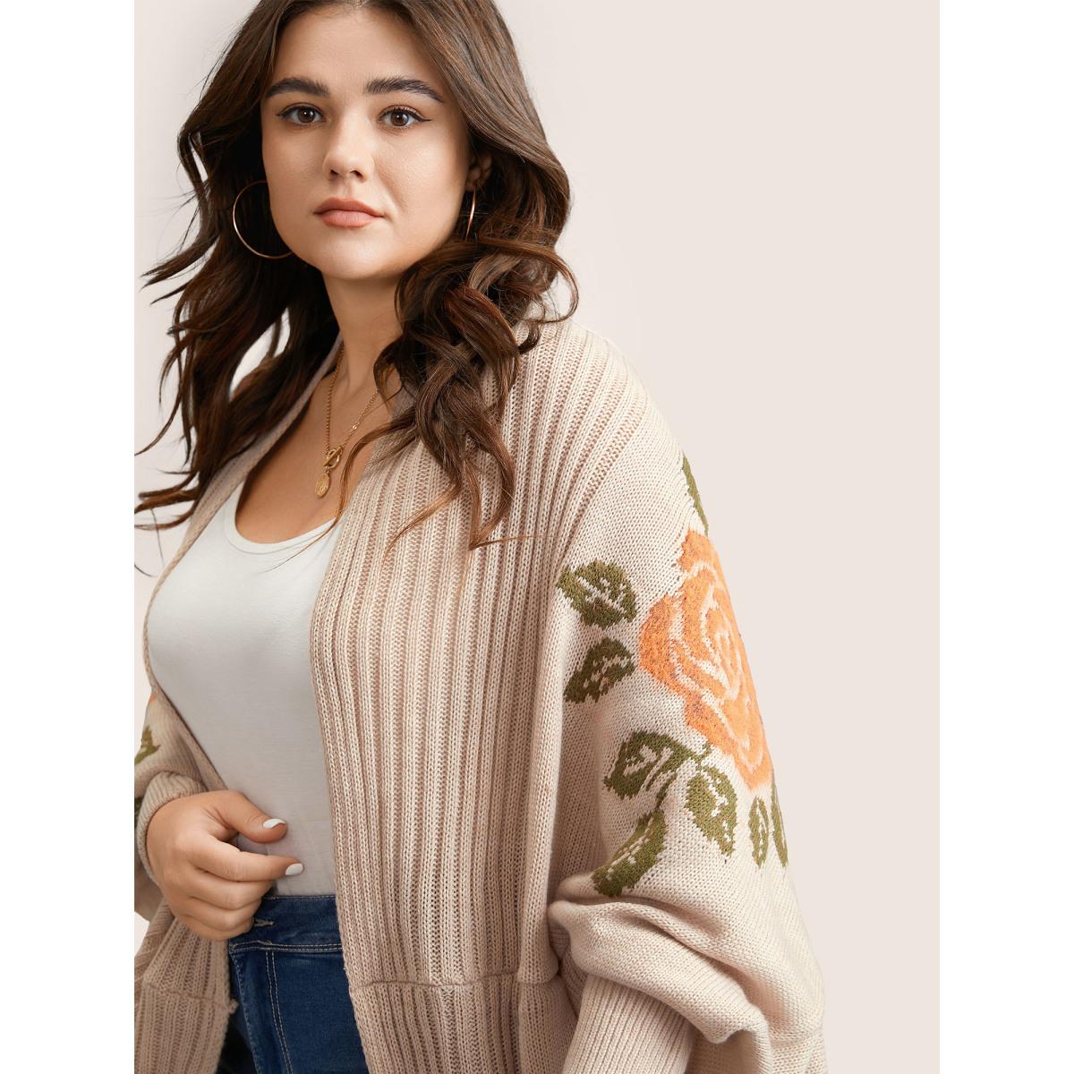 Plus Size Floral Jacquard Batwing Sleeve Open Front Cardigan Apricot Women Elegant Long Sleeve Everyday Cardigans BloomChic 14-16/1X Product Image