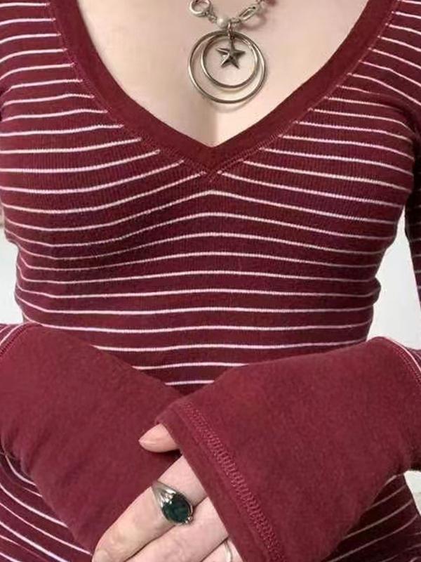 Striped V Neck Knit Long Sleeve Tee Product Image