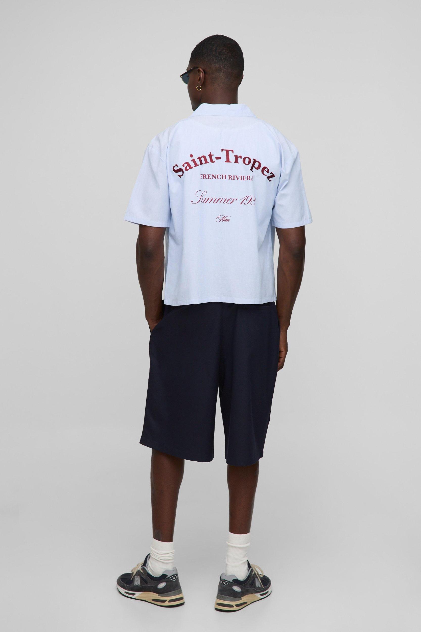 Oversized Boxy Saint Tropez Embroidered Stripe Shirt | boohooMAN USA Product Image