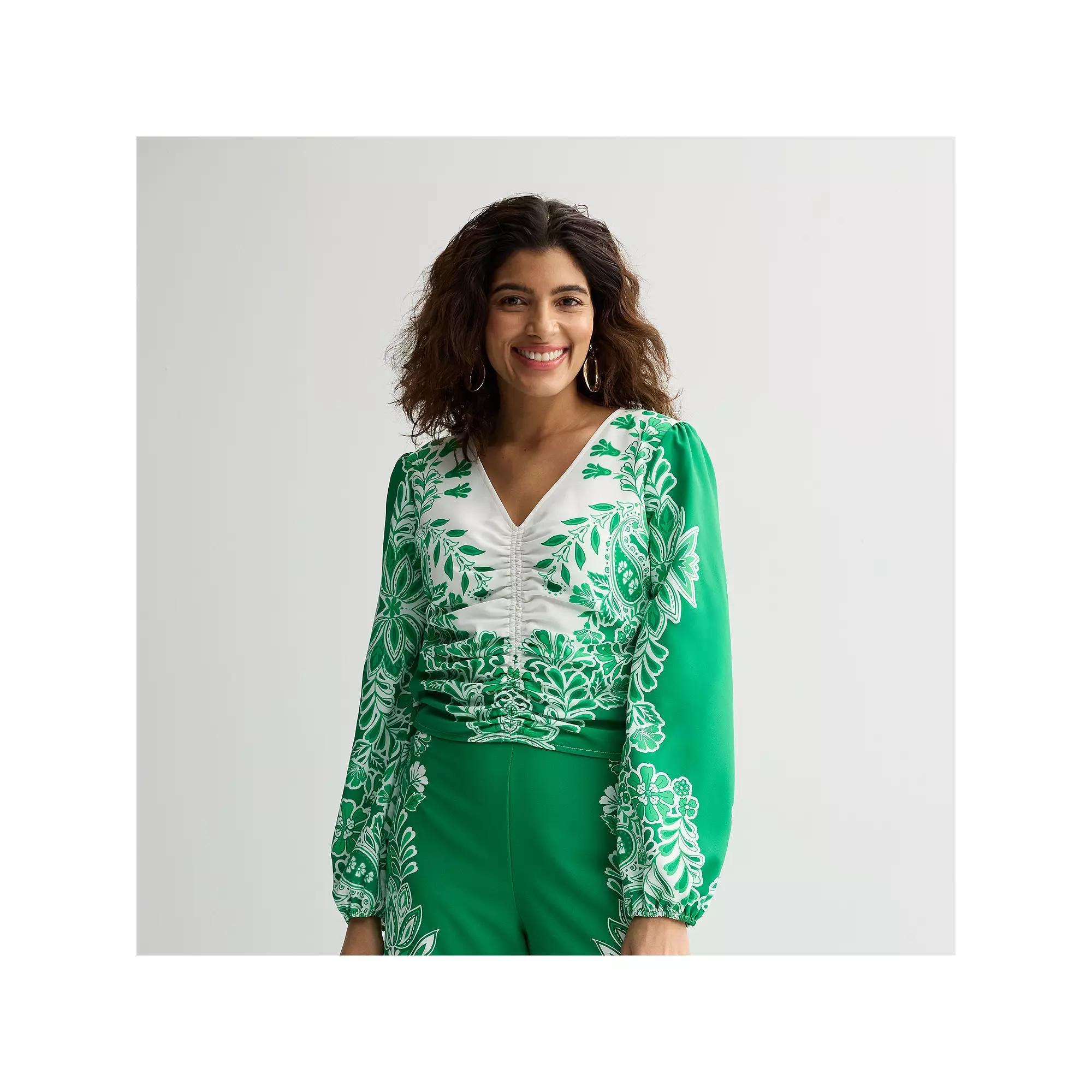 Women's INTEMPO™ Cinched Border V-Neck Top, Size: XXL, Green Product Image