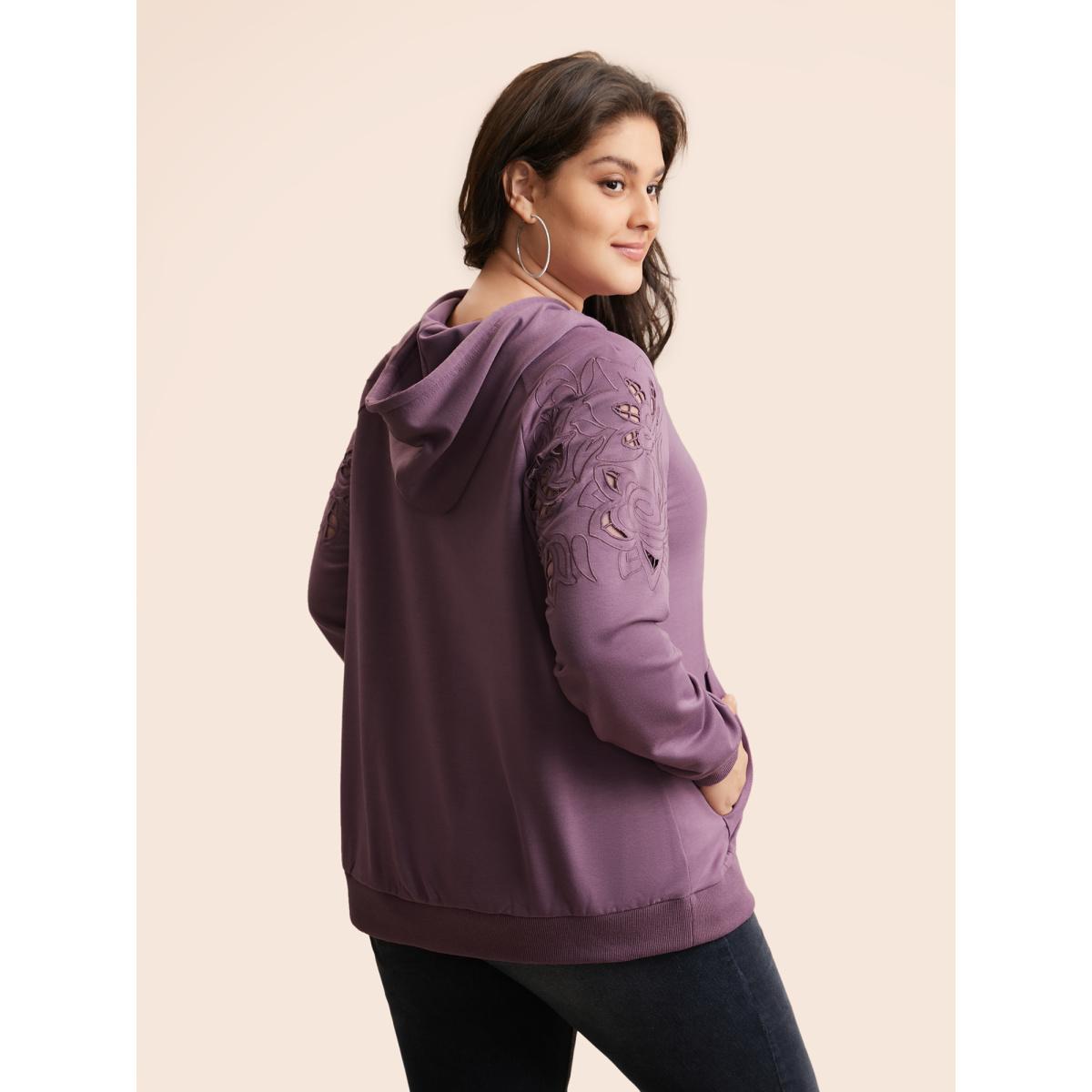 Plus Size Floral Embroidered Cut Out Hooded Sweatshirt Women Mauve Casual Cut-Out Hooded Everyday Sweatshirts BloomChic 10/M Product Image