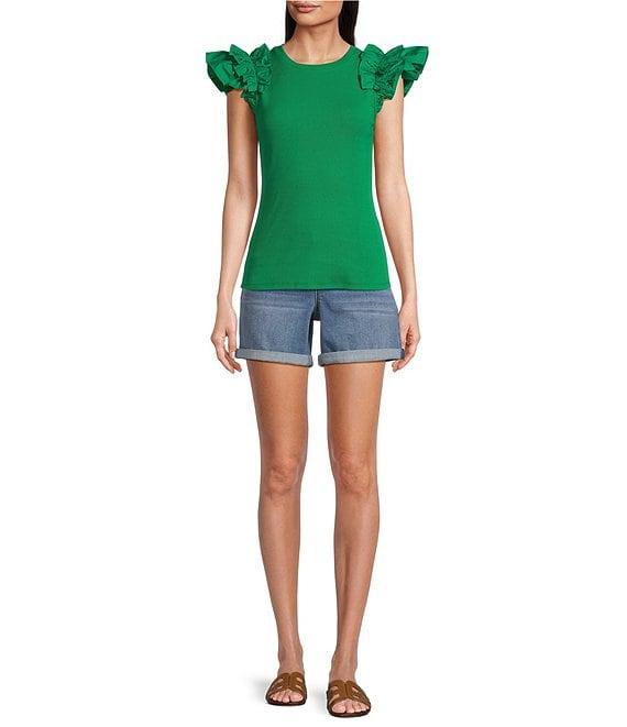 Gibson & Latimer Ribbed Knit Crew Neck Contrasting Poplin Ruffled Short Sleeve Top Product Image