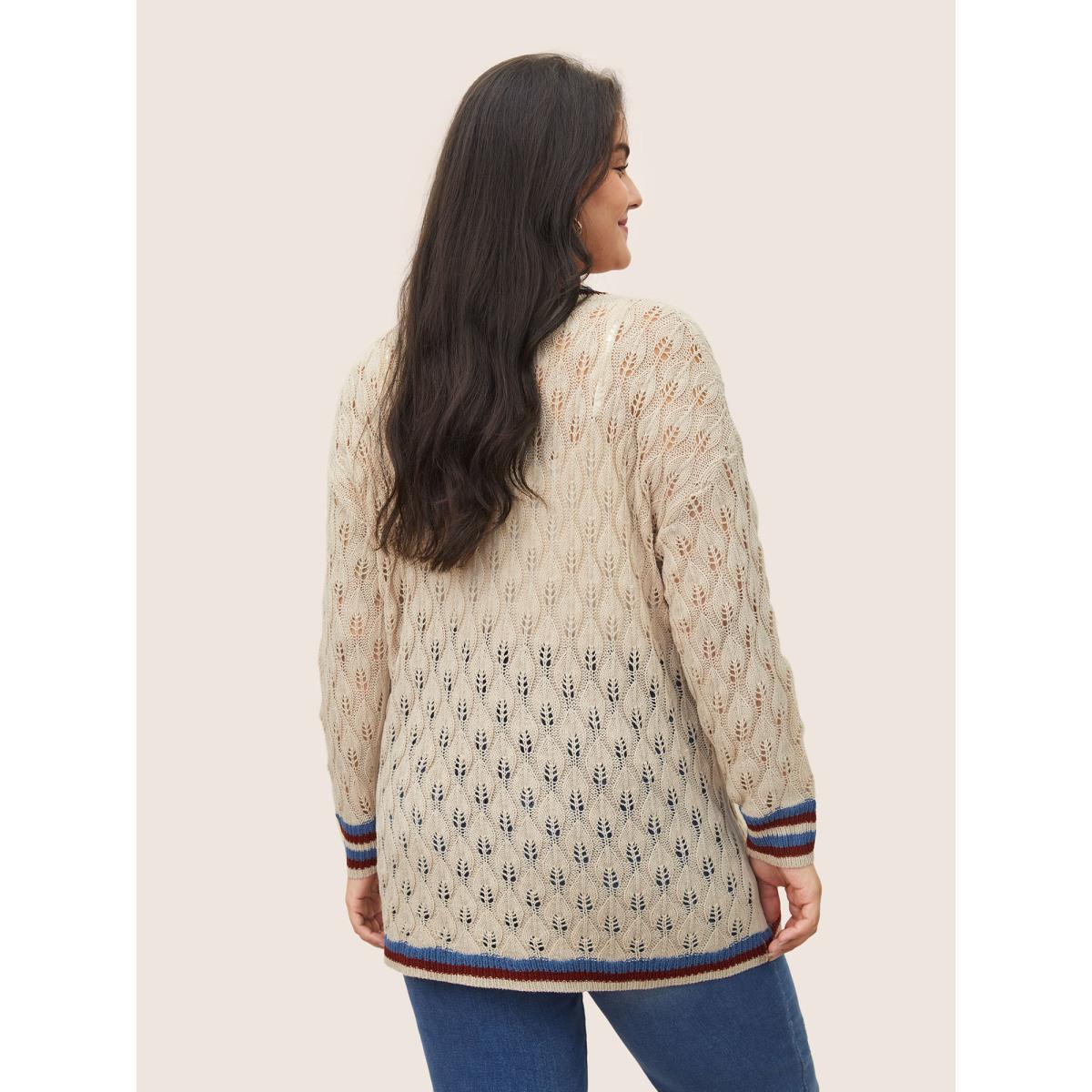 Plus Size Contrast Striped Texture Hollow Out Pullover Apricot Women Casual Long Sleeve V-neck Everyday Pullovers BloomChic 22-24/3X Product Image