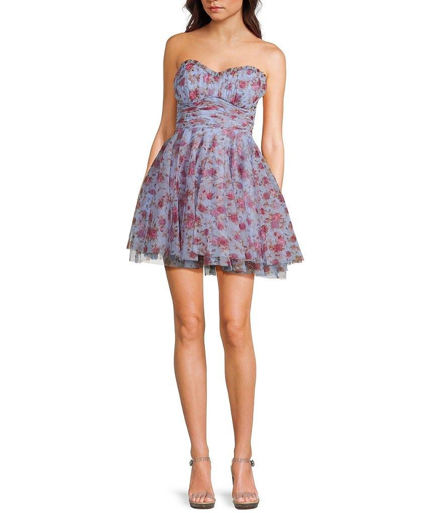 Pear Culture Floral Printed Mesh Strapless Corset Fit & Flare Dress Product Image