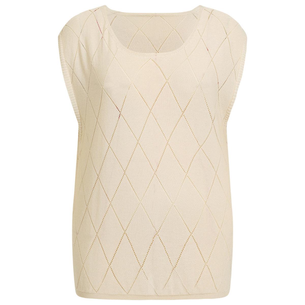 Plus Size Lightweight Argyle Eyelet Batwing Sleeve Pullover Apricot Women Casual Short sleeve Round Neck Everyday Pullovers BloomChic 18-20/2X Product Image