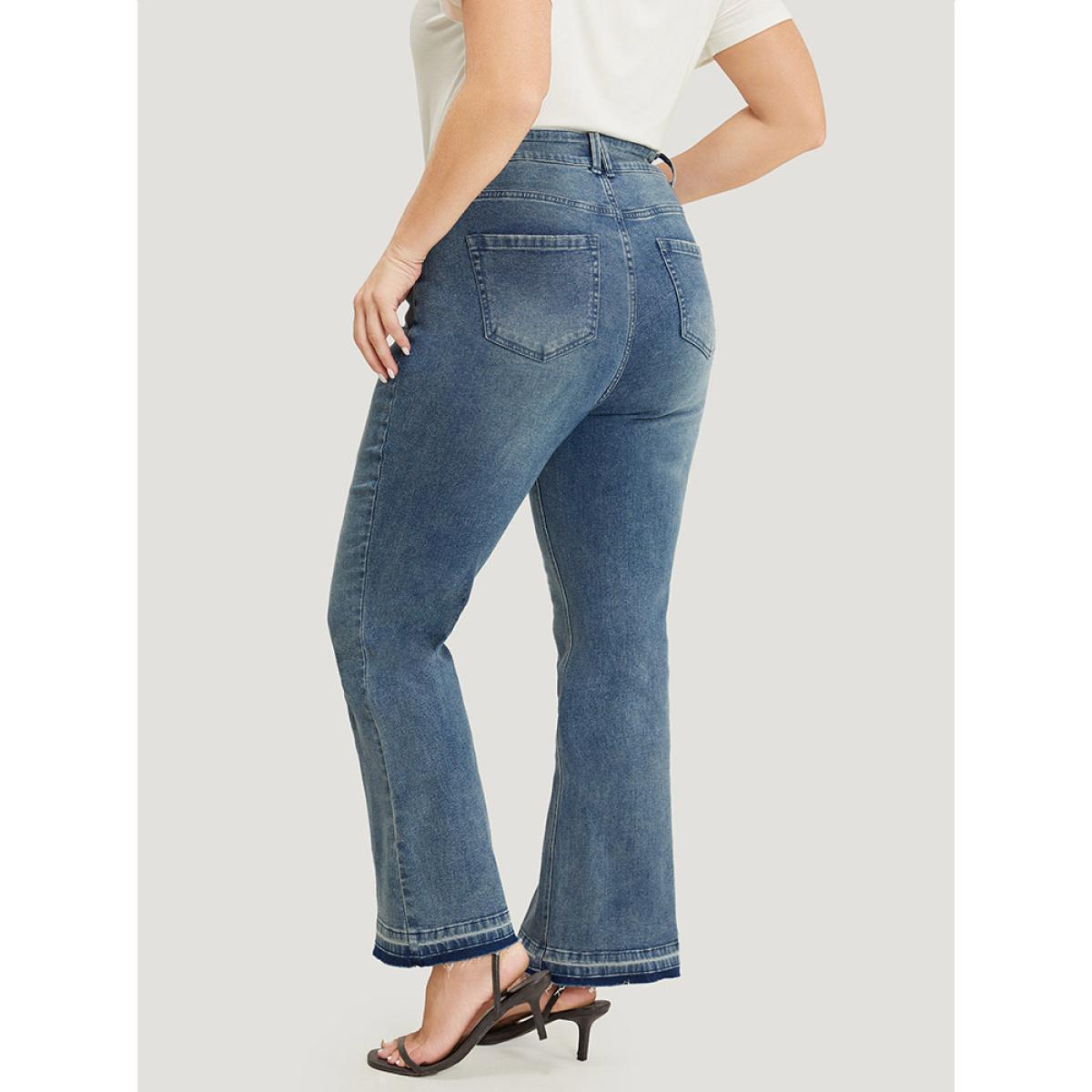 Plus Size Flare Leg Very Stretchy Medium Wash Contrast Hem Jeans Women LightBlue Casual Plain High stretch Pocket Jeans BloomChic 16/1X Product Image