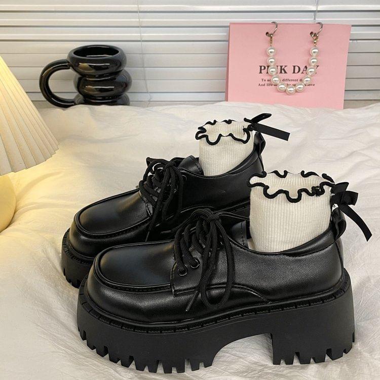 Platform Chunky Heel Lace-Up Shoes Product Image