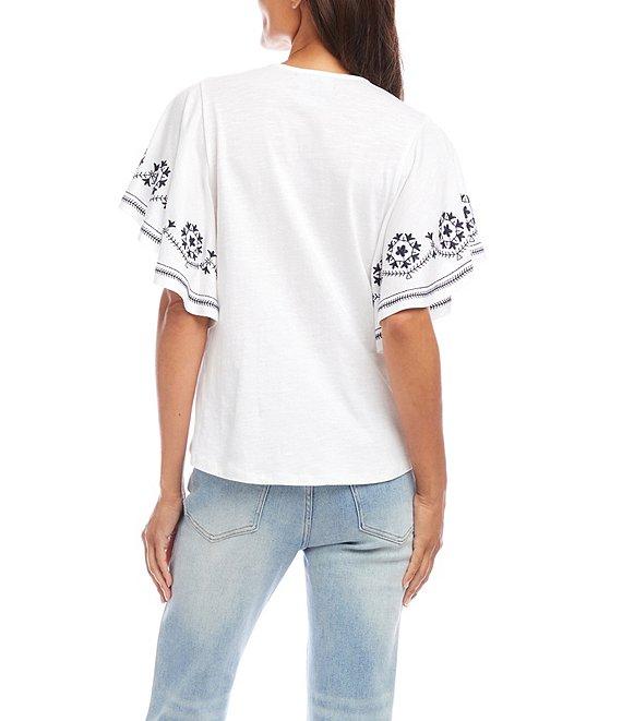 Karen Kane Organic Cotton Embroidered Flutter Sleeve Top Product Image