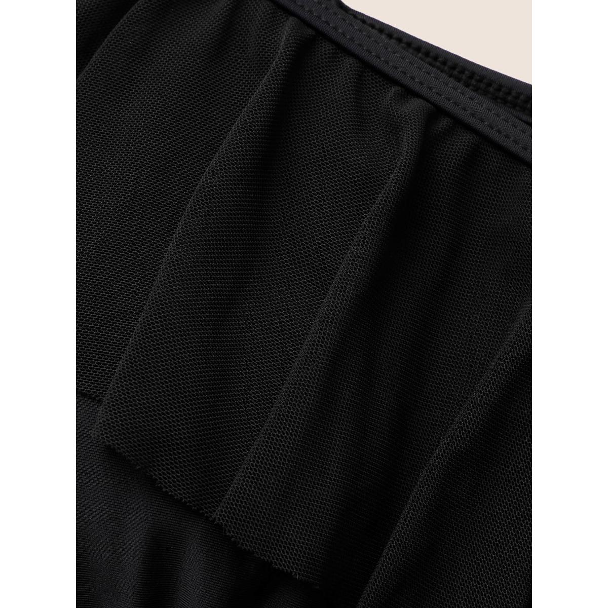 Plus Size Solid Ruffle Trim Patchwork Mesh Swim Dress Women's Swimwear Black Beach Bodycon Heart neckline High stretch Curve Swim Dresses BloomChic 26/4X Product Image
