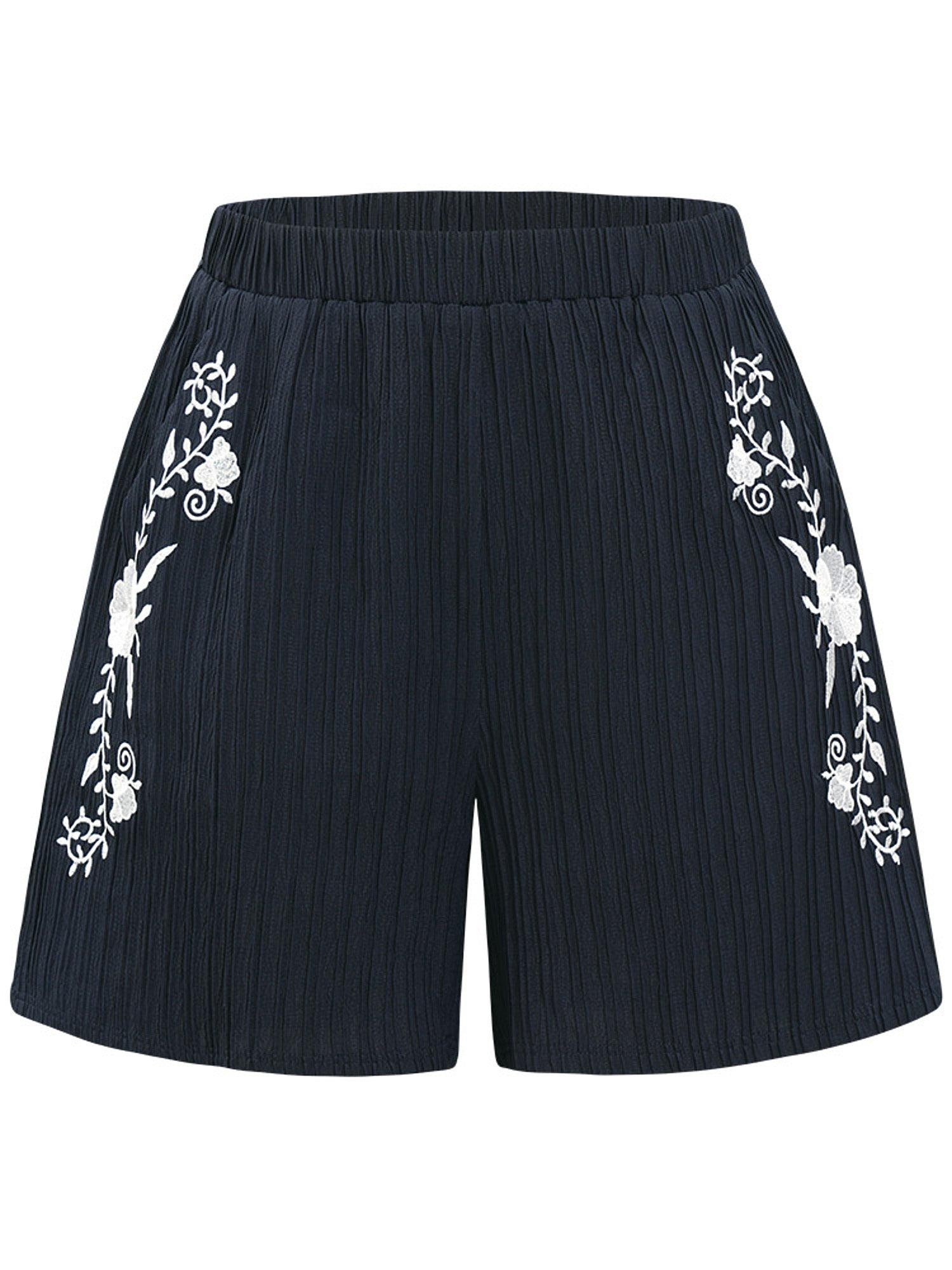 Floral Embroidered Textured Stretchy Waist Shorts Female Product Image