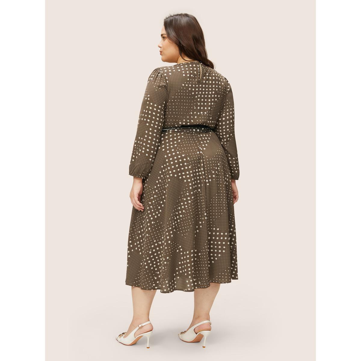 Plus Size Polka Dot Scarf Belted Keyhole Lantern Sleeve Dress DarkBrown Women At the Office Non Round Neck Long Sleeve Curvy Midi Dress BloomChic 28/5X Product Image