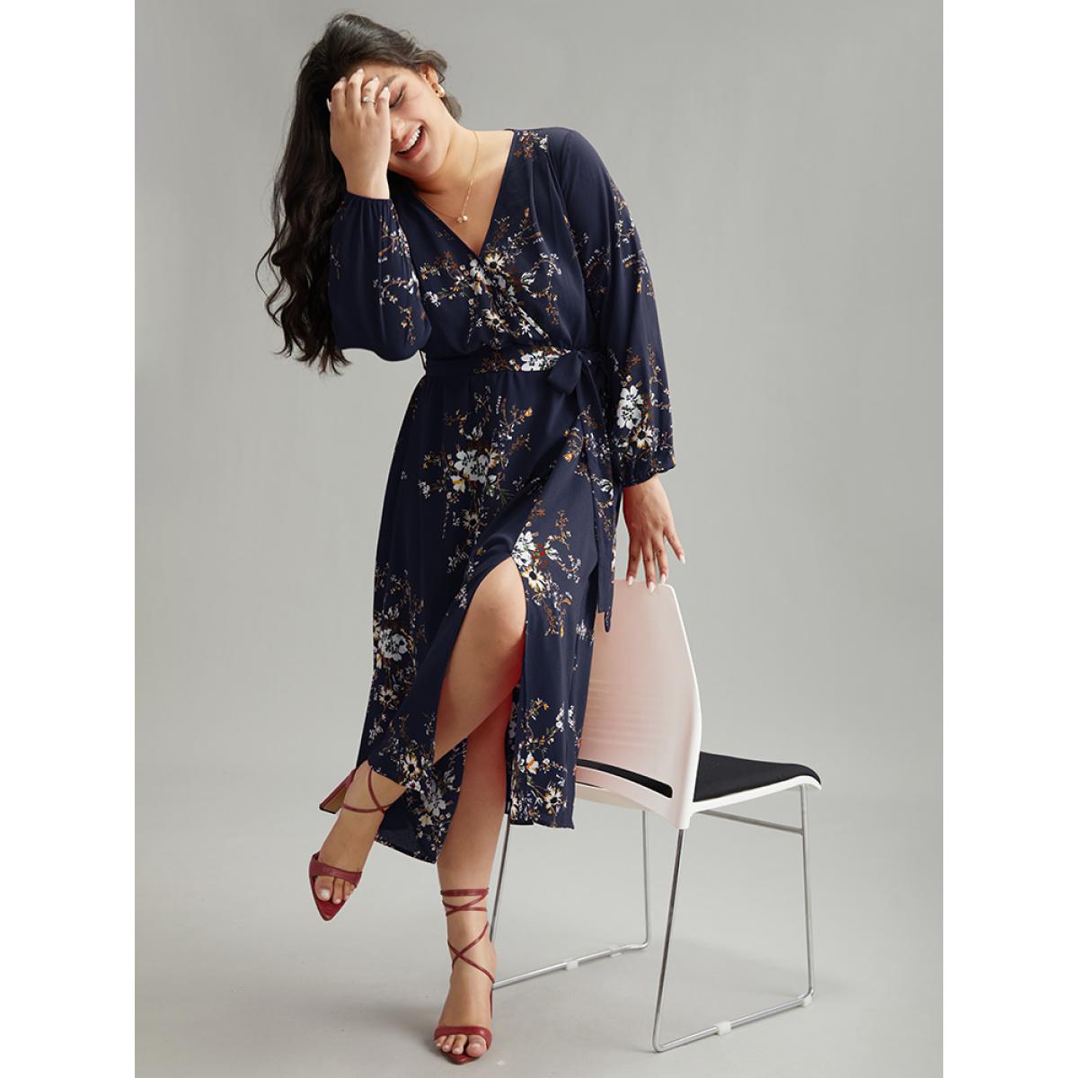 Plus Size Floral Print Belted Split Surplice Neck Dress DarkBlue Women Elegant Elastic cuffs Overlap Collar Long Sleeve Curvy Midi Dress BloomChic 28/5X Product Image
