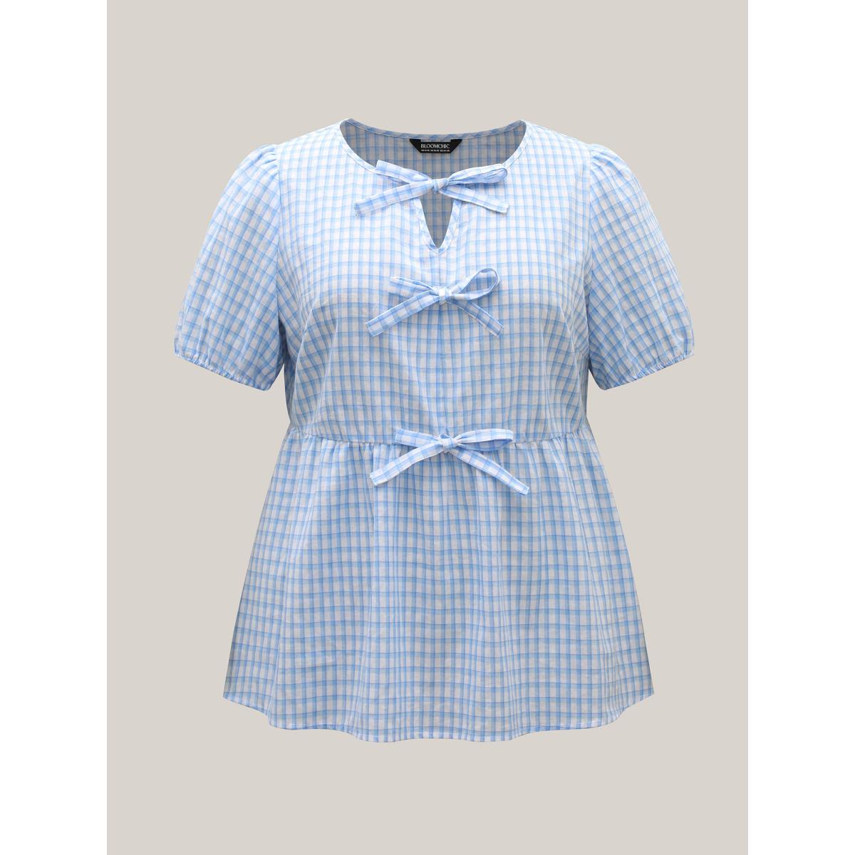 Plus Size LightBlue Bow Front Plaid Print Babydoll Top Women Leisure Short sleeve Notched collar Casual Blouses BloomChic 30/6X Product Image