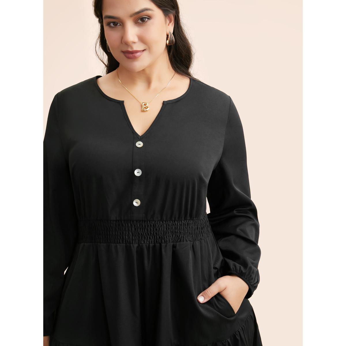 Plus Size Notched Button Detail Ruffle Layered Hem Dress Black Women At the Office Button Flat collar with V-notch Long Sleeve Curvy BloomChic 22-24/3X Product Image