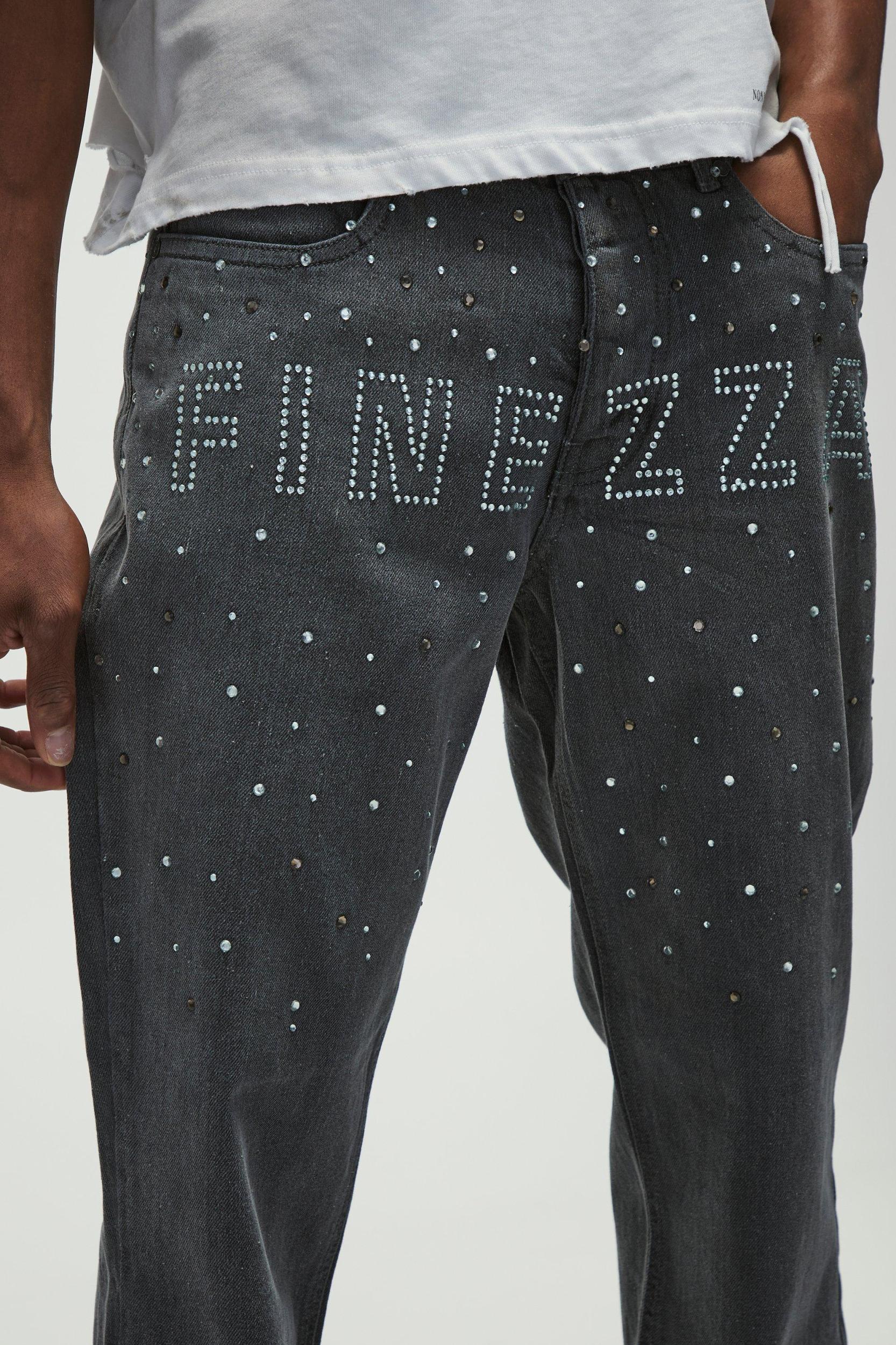 Rhinestone Studded Slogan Straight Fit Jeans | boohooMAN USA Product Image