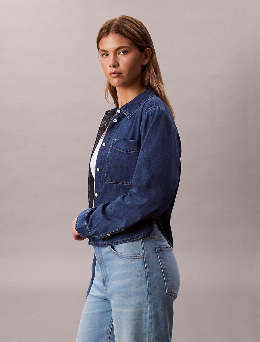 Denim Cropped Relaxed Button-Down Shirt Product Image
