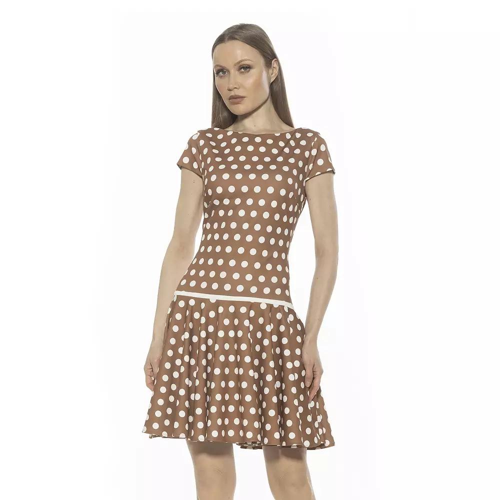 Women's ALEXIA ADMOR Aoife Boatneck Cap Sleeve Dropped Waist Dress, Size: Small, Camel Polka Product Image