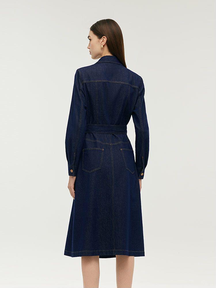 Denim Lapel Women Midi Dress With Belt Product Image