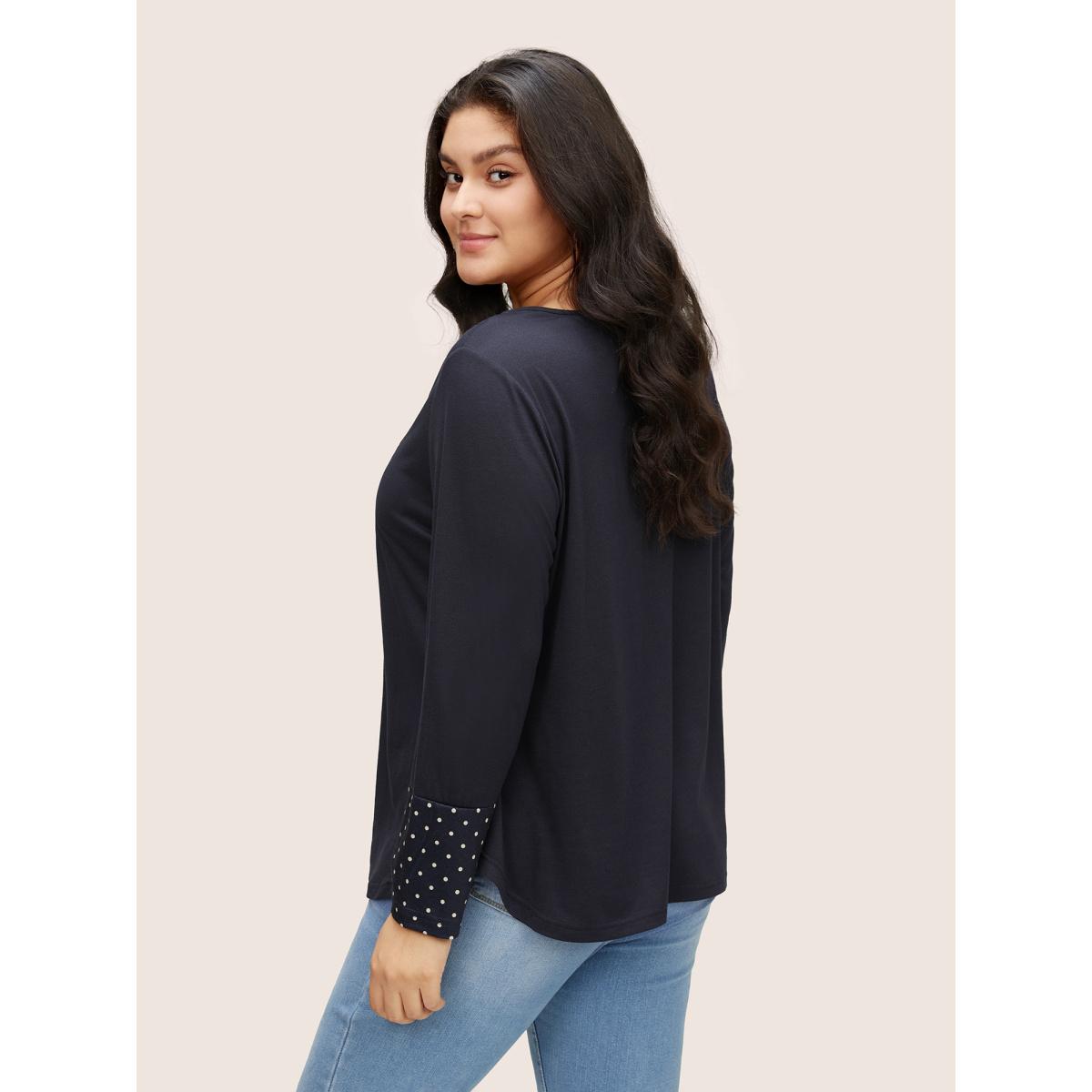 Plus Size Polka Dot Patchwork Notched Button Detail T-shirt Indigo Women Casual Contrast Polka Dot Notched collar Everyday T-shirts BloomChic 12/L Product Image