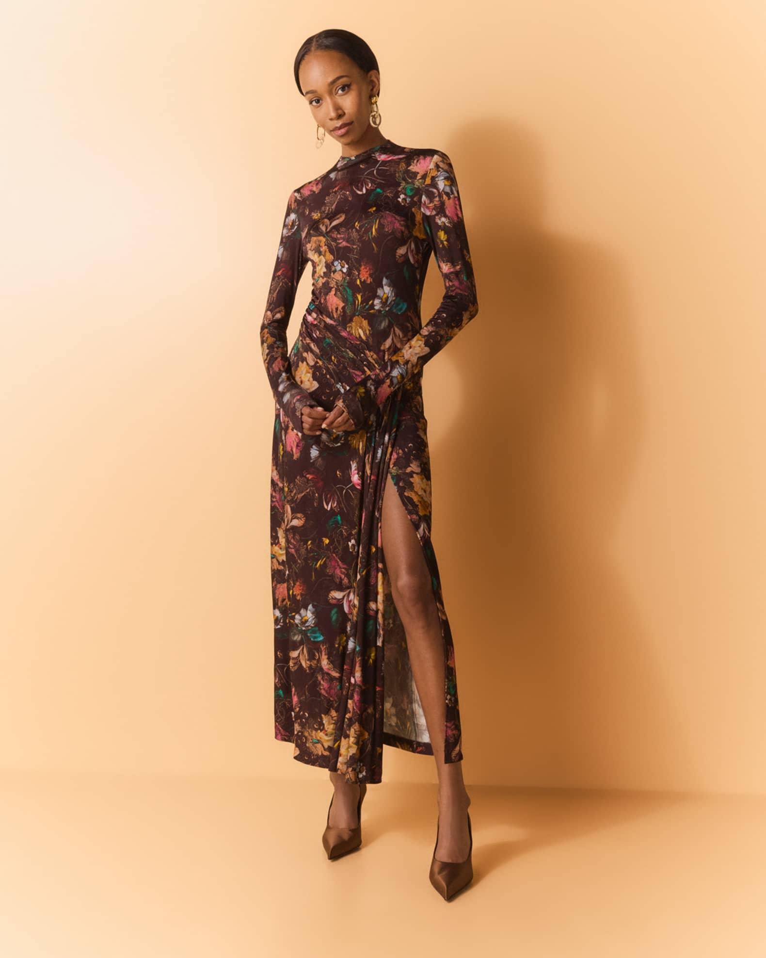 Floral Long-Sleeve Draped Ankle Dress Product Image