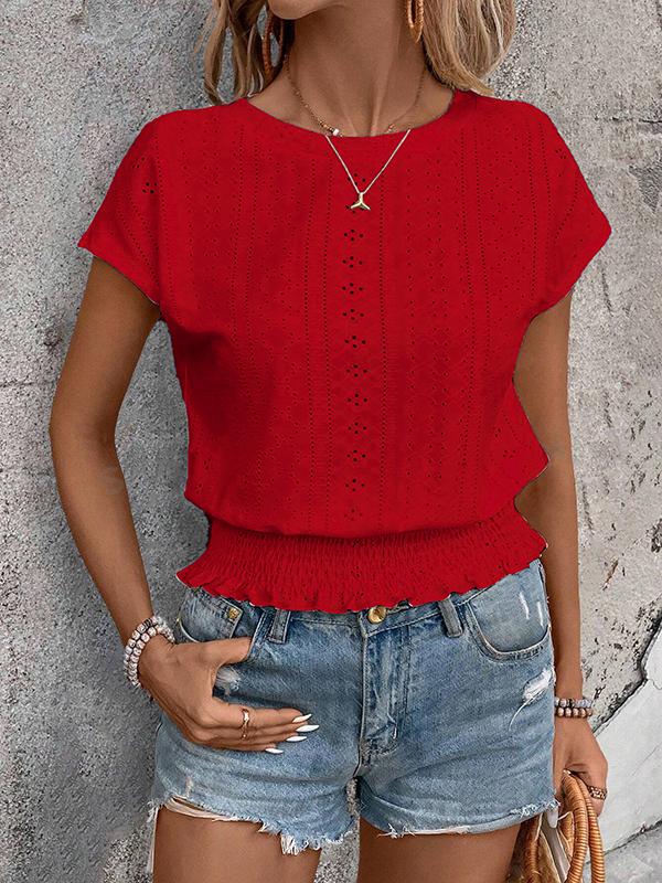Loose Raglan Sleeve Elasticity Hollow Jacquard Solid Color Round-Neck T-Shirts Tops Product Image