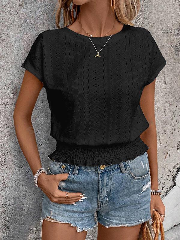 Loose Raglan Sleeve Elasticity Hollow Jacquard Solid Color Round-Neck T-Shirts Tops Product Image