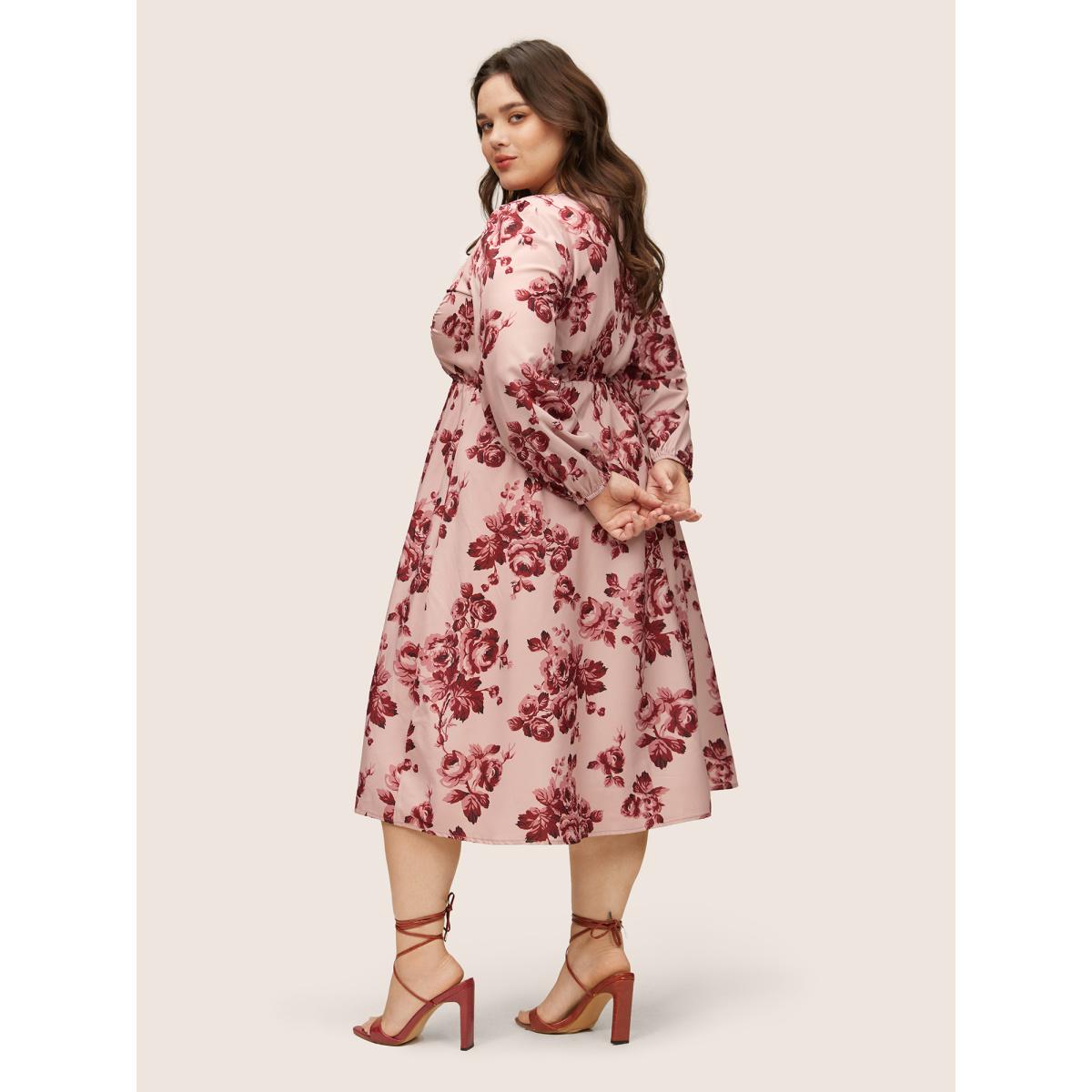 Plus Size Floral Ruched Square Neck Lantern Sleeve Dress DustyPink Women Elegant Non Square Neck Long Sleeve Curvy Midi Dress BloomChic 12/L Product Image