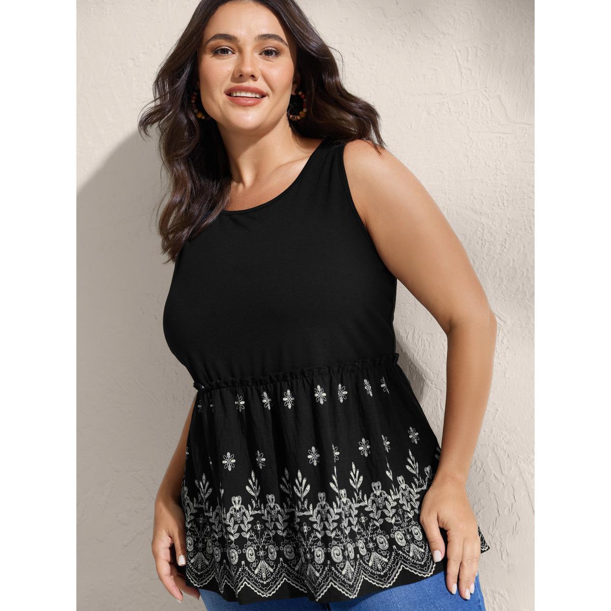 Plus Size Boho Print Round Neck Tank Top Women Black Boho Frill Trim Round Neck Vacation Tank Tops Camis BloomChic 30/6X Product Image
