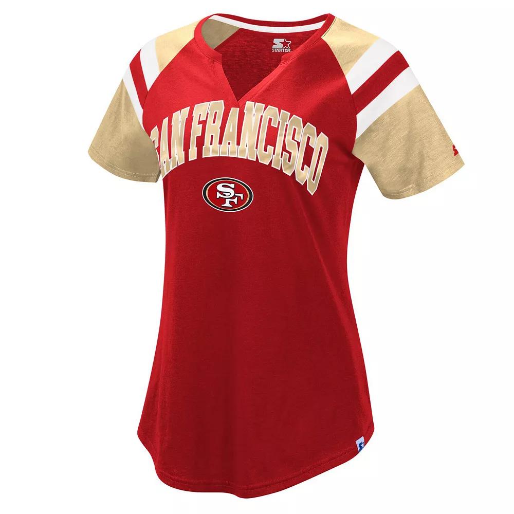 Women's Starter Scarlet/Gold San Francisco 49ers Game On Notch Neck Raglan T-Shirt, Size: XS, Red Product Image