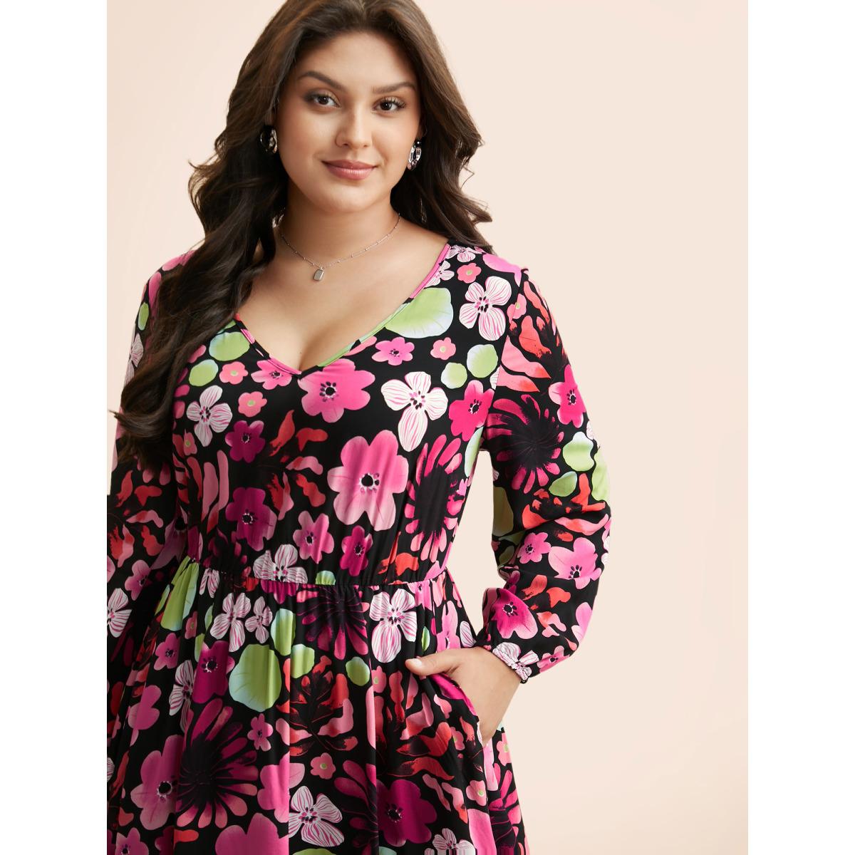 Plus Size Floral V Neck Lantern Sleeve Dress Black Women Elegant Non V-neck Long Sleeve Curvy BloomChic 14-16/1X Product Image