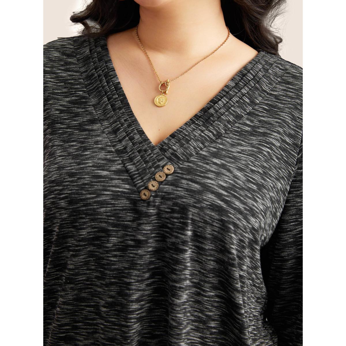 Plus Size Heather Pleated Button Detail T-shirt Black Women Leisure Pleated Plain V-neck Casual T-shirts BloomChic 28/5X Product Image