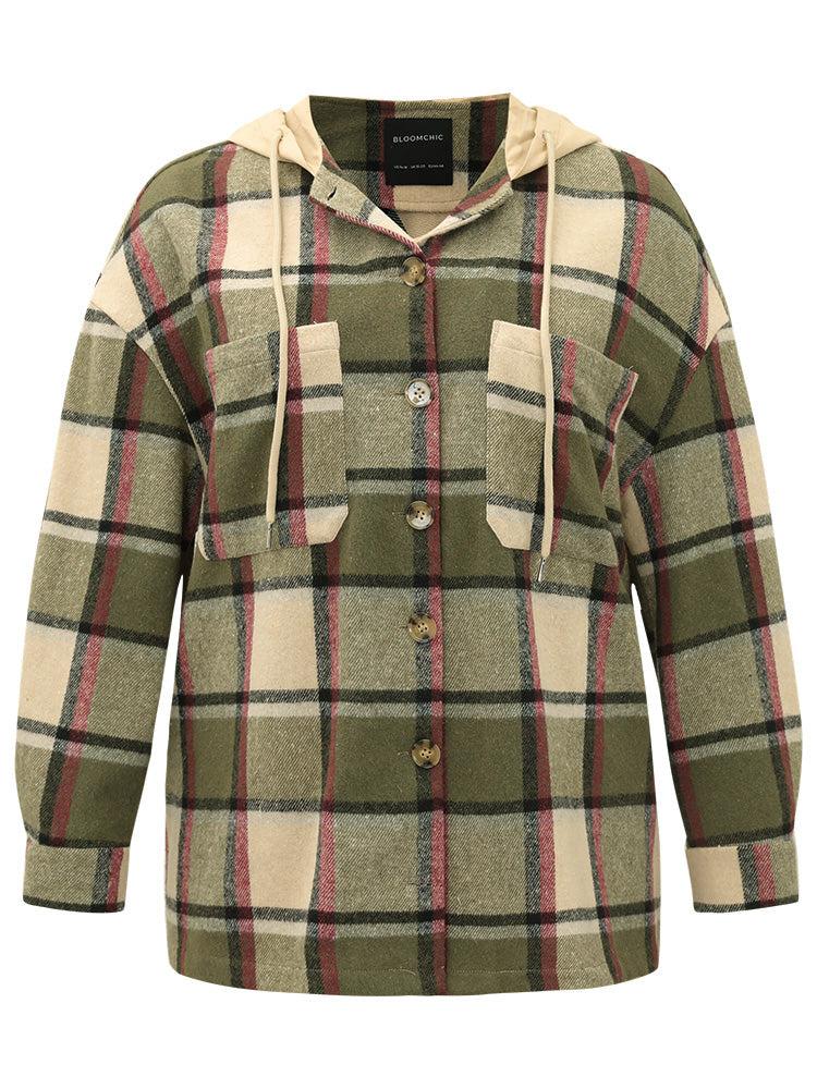 Plaid Hooded Drawstring Pocket Coat Female Product Image