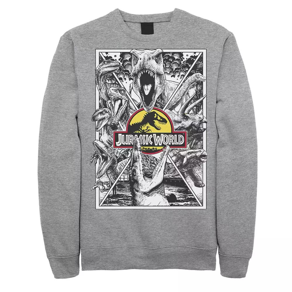 Men's Jurassic World Black and White Comic Dinos Fleece Graphic Pullover,  Product Image