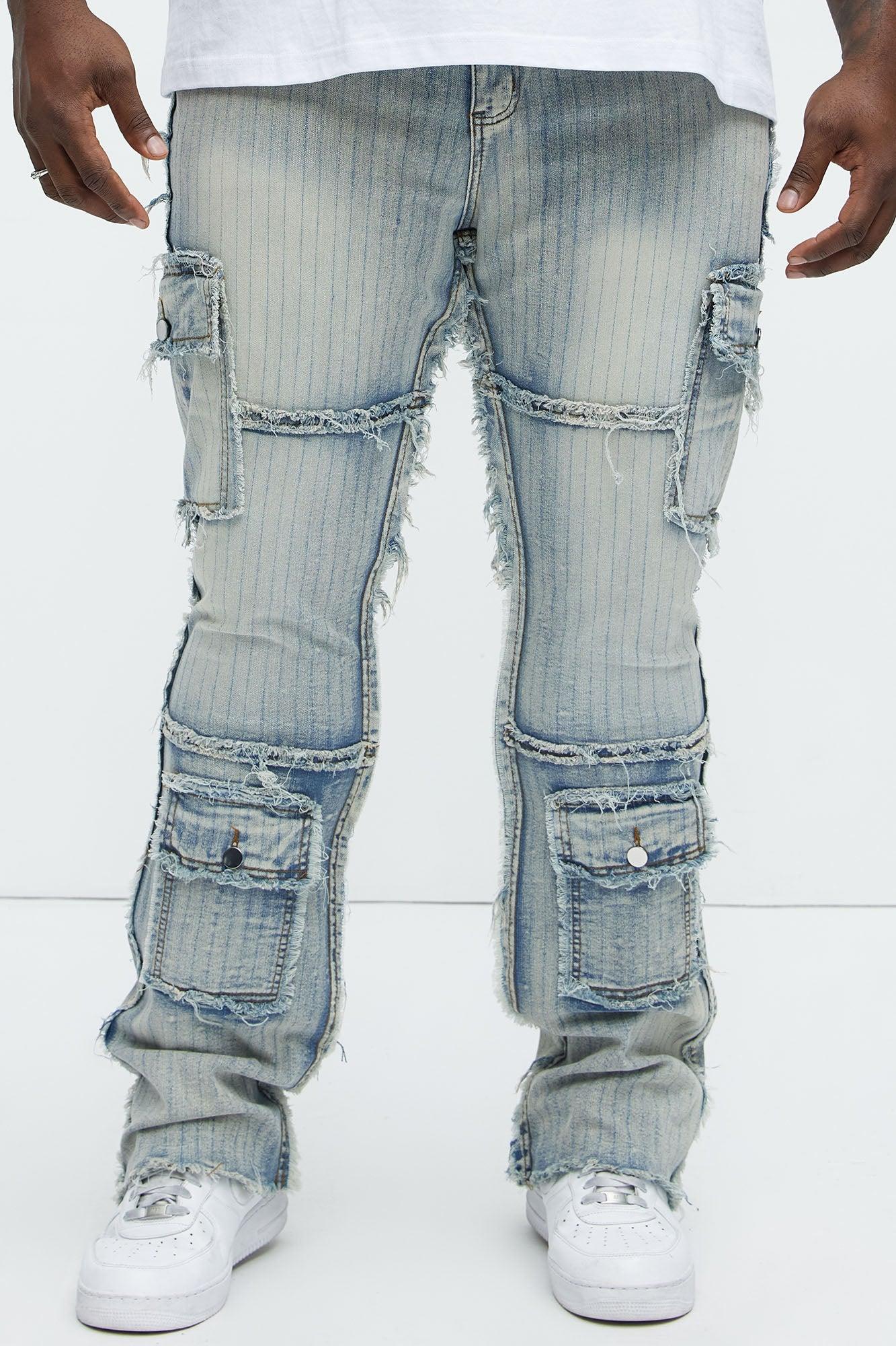 Stitched Down Cargo Stacked Skinny Flare Jeans - Light Wash Product Image