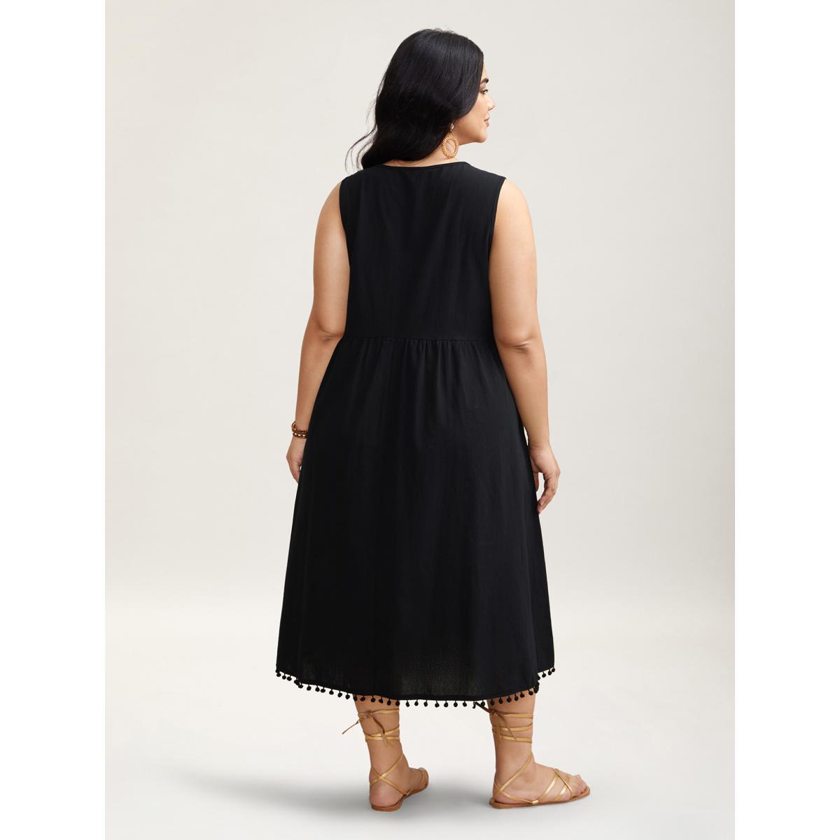 Plus Size Cotton Boho Pattern Neck Tassels Midi Dress Black Women Resort Tie knot Round Neck Sleeveless Curvy BloomChic 14-16/1X Product Image