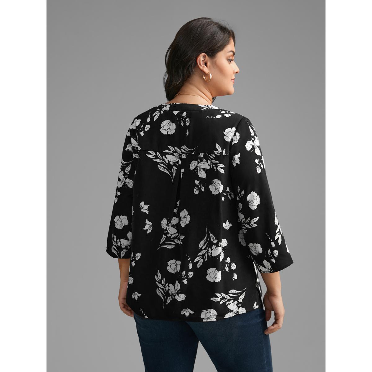 Plus Size Black Silhouette Floral Print Tab Sleeve Slit Hem Blouse Women Elegant Elbow-length sleeve Notched collar Everyday Blouses BloomChic 12/L Product Image