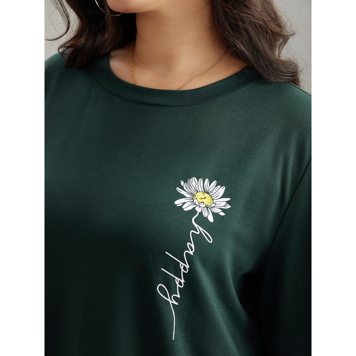 Plus Size Floral Print Round Neck Sweatshirt Women DarkGreen Casual Printed Dailywear Sweatshirts BloomChic 14-16/1X Product Image