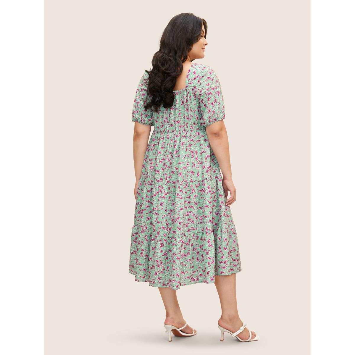 Plus Size Ditsy Floral Ruffle Tiered Pocket Ruched Puff Sleeve Drawstring Dress Palemauve Women Elegant Non Square Neck Short sleeve Curvy BloomChic 28/5X Product Image