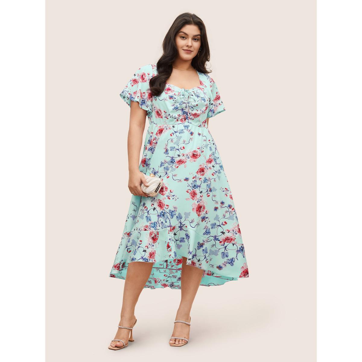 Plus Size Square Neck Floral Print Gathered Drawstring Dress LightBlue Women Elegant Non Square Neck Short sleeve Curvy Midi Dress BloomChic 22-24/3X Product Image