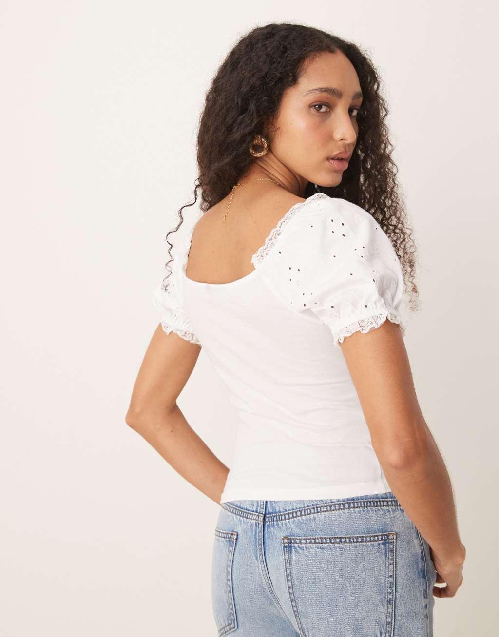 ASOS DESIGN puff sleeve eyelet milkmaid top with lace trim in white Product Image