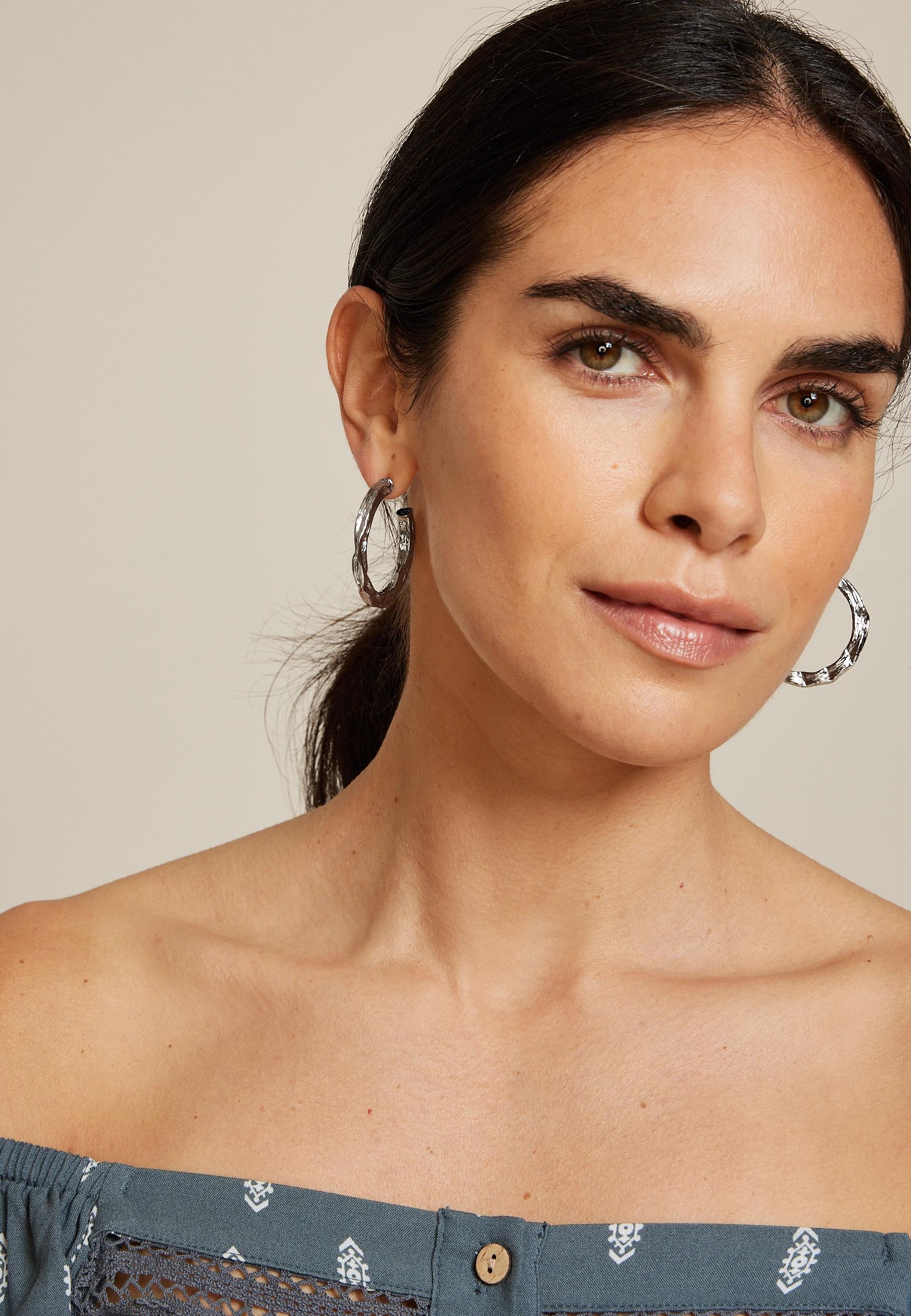 Silver Hammered Hoops Earrings Product Image