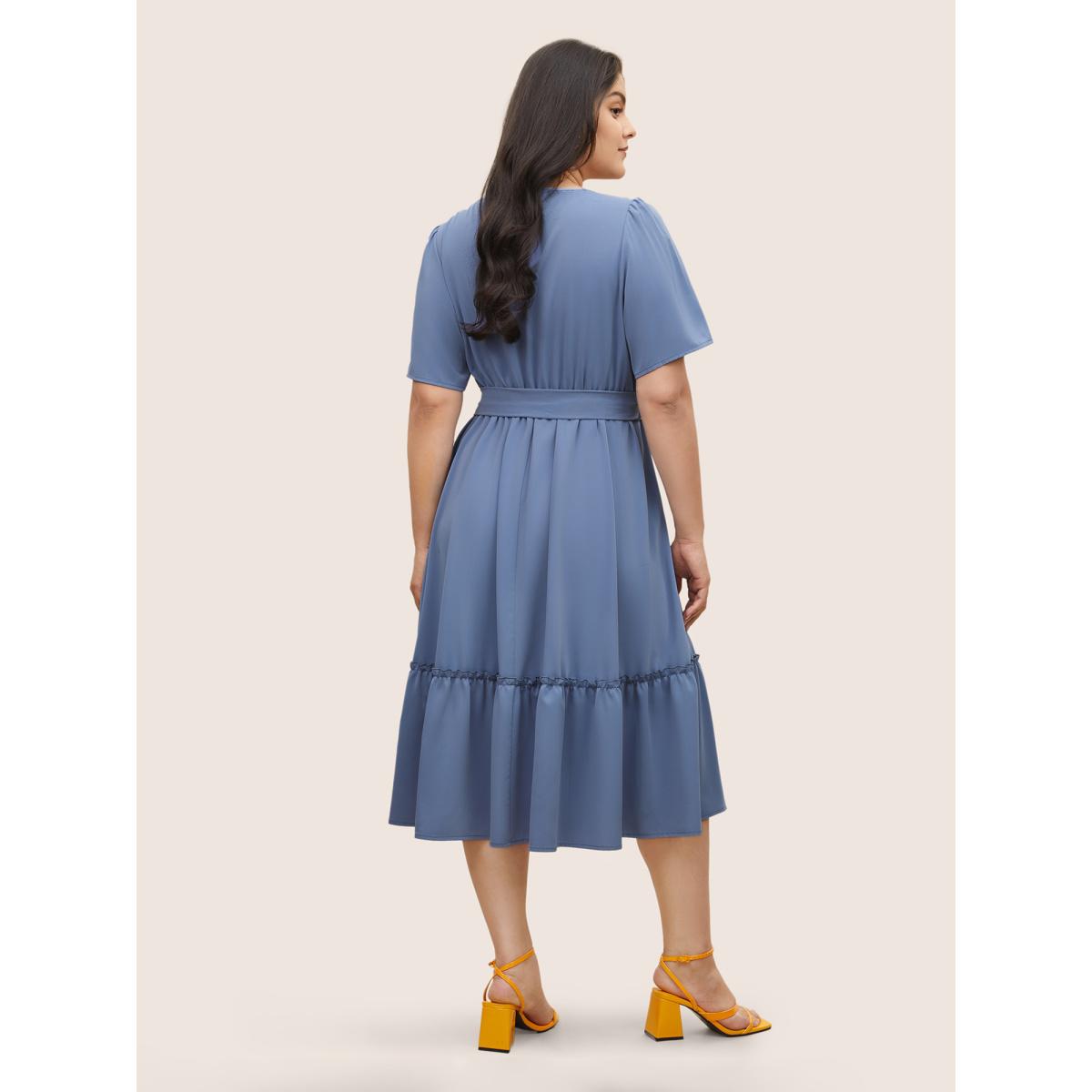 Plus Size Solid Frill Trim Buckle Detail Belted Dress Stone Women Elegant Non Round Neck Short sleeve Curvy Midi Dress BloomChic 30/6X Product Image