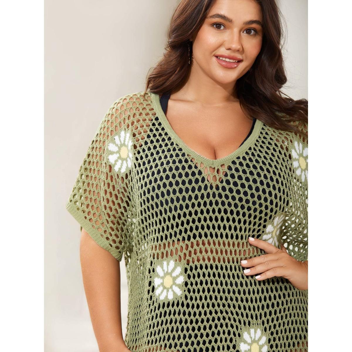 Plus Size Floral Jacquard Crochet Swim Cover-Up Women's Swimwear Greenbean Beach Loose Texture Curve Swim Cover Ups BloomChic 26/4X Product Image